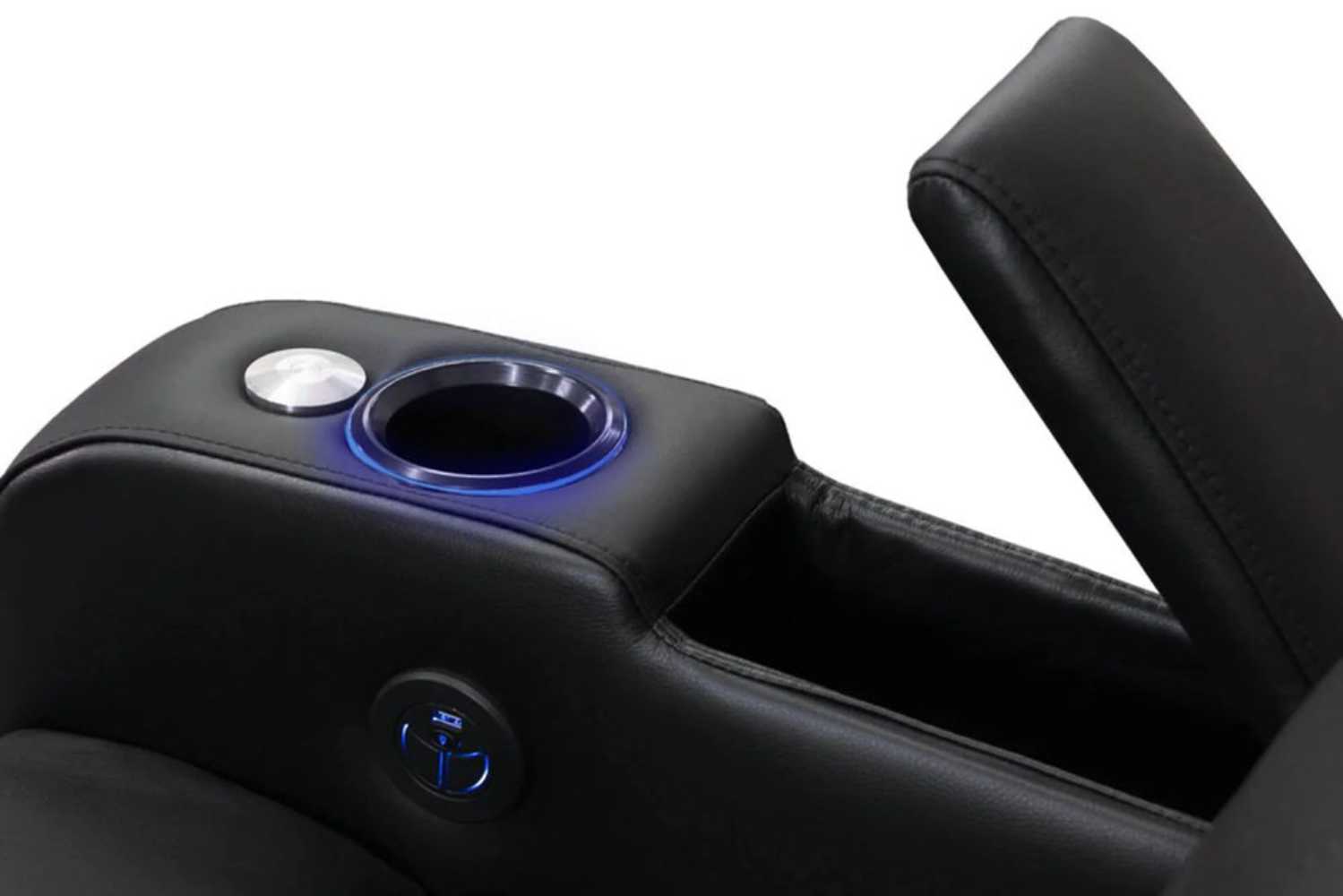 Valencia Verona Home Theater Seating armrest features a cupholder and a built-in storage compartment