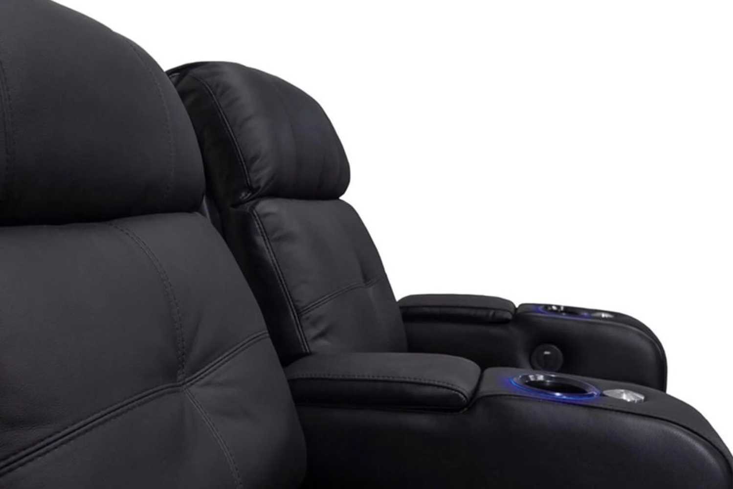 Valencia Verona Home Theater Seating features plush black leather upholstery with ergonomic padding and built-in illuminated cupholders