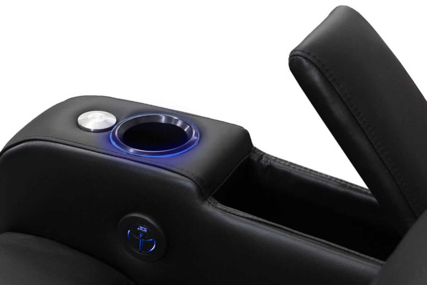 Valencia Verona Power Headrest Edition Home Theater Seating’s sleek LED cupholder and hidden storage armrest feature