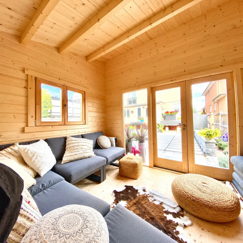 Bright pine interior of the Versa 107 70MM with a dark sectional sofa, textured pillows, woven poufs, cowhide rug, and glazed garden doors.