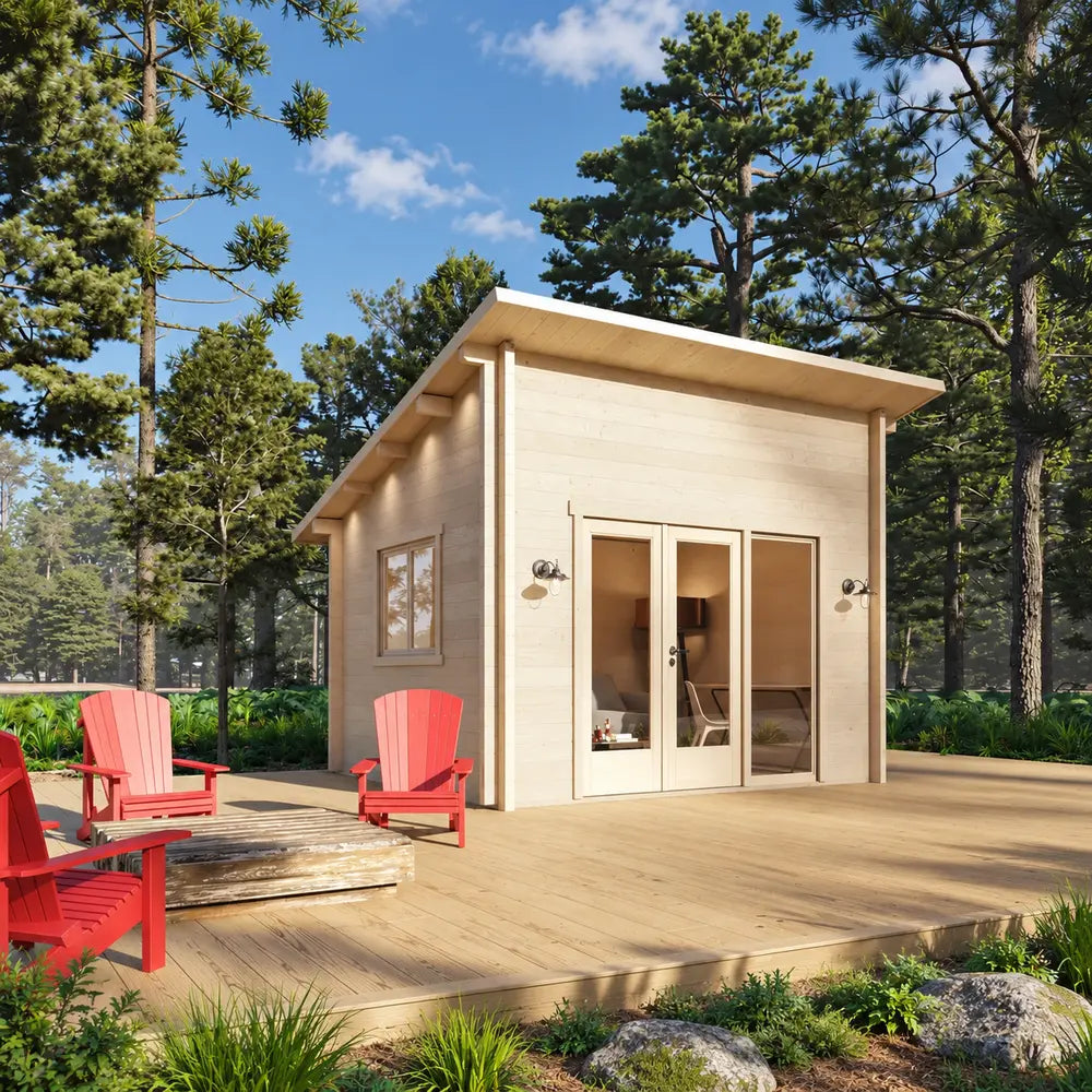 Angled view of the Versa 107 70MM on a spacious wooden deck with glazed doors, a side window, exterior lights, red chairs, and surrounding pine trees.