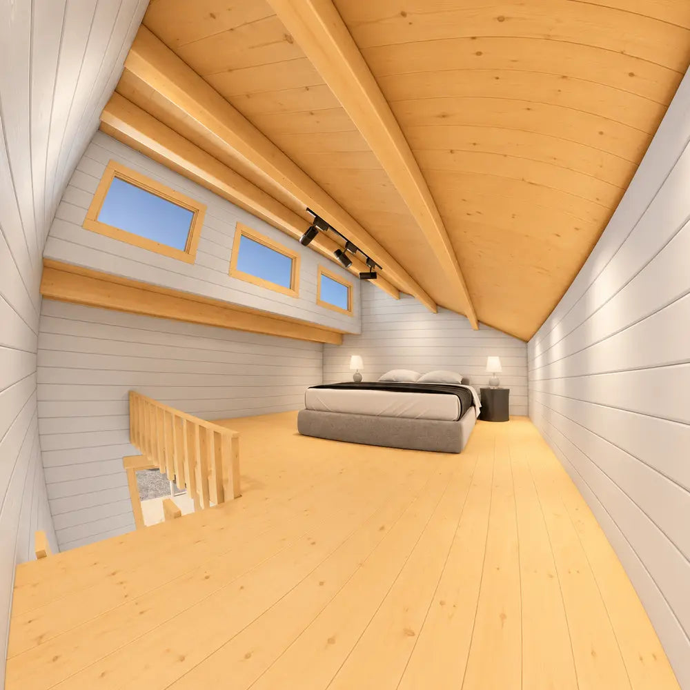 Versa 160 Atrium Loft 70MM bedroom with a low sloped wooden ceiling, exposed beams, three horizontal windows, a central bed, bedside lamps, and loft railing.