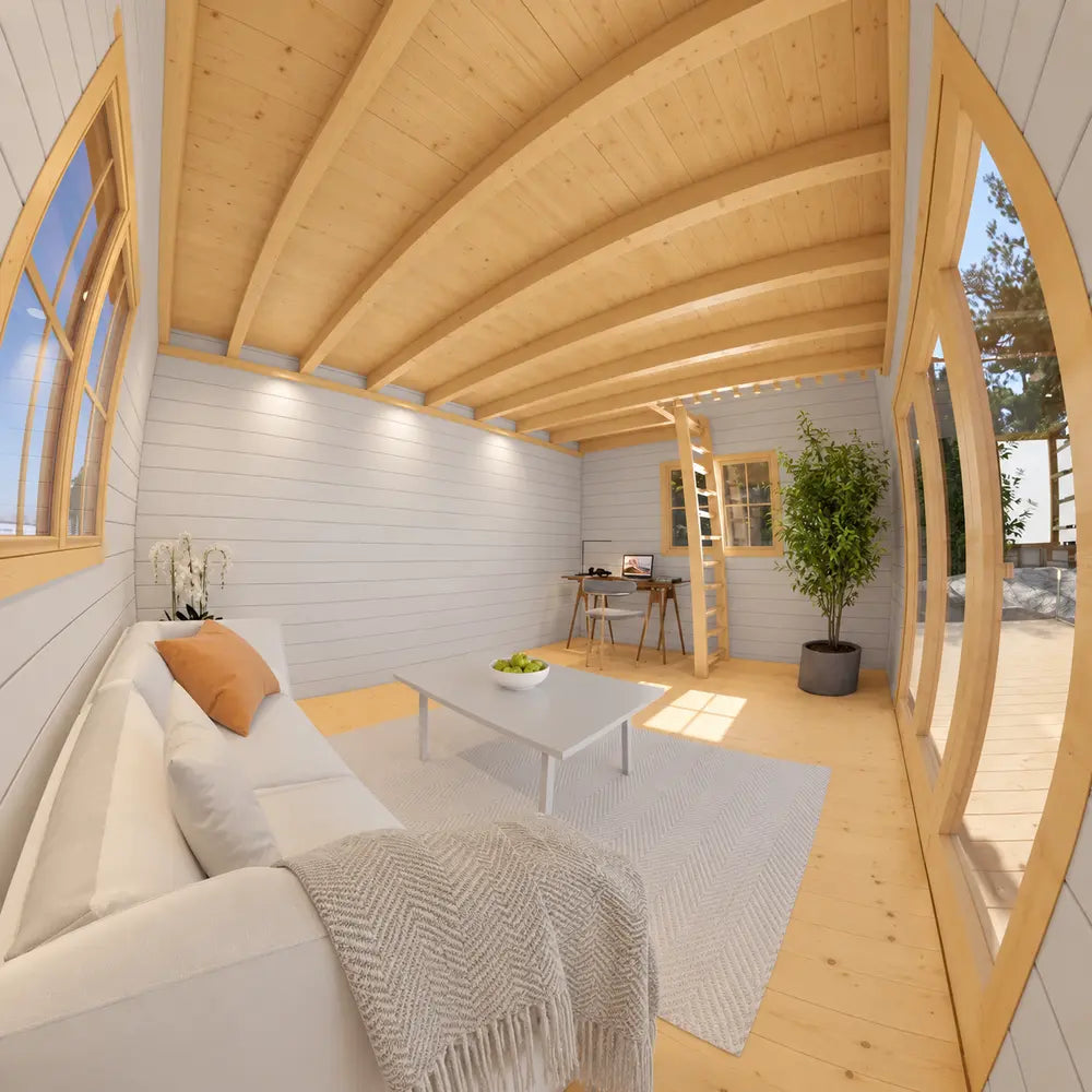 Bright Versa 160 Atrium Loft 70MM lounge with a white sofa, coffee table, workspace, potted tree, wooden loft ladder, and curved ceiling beams.
