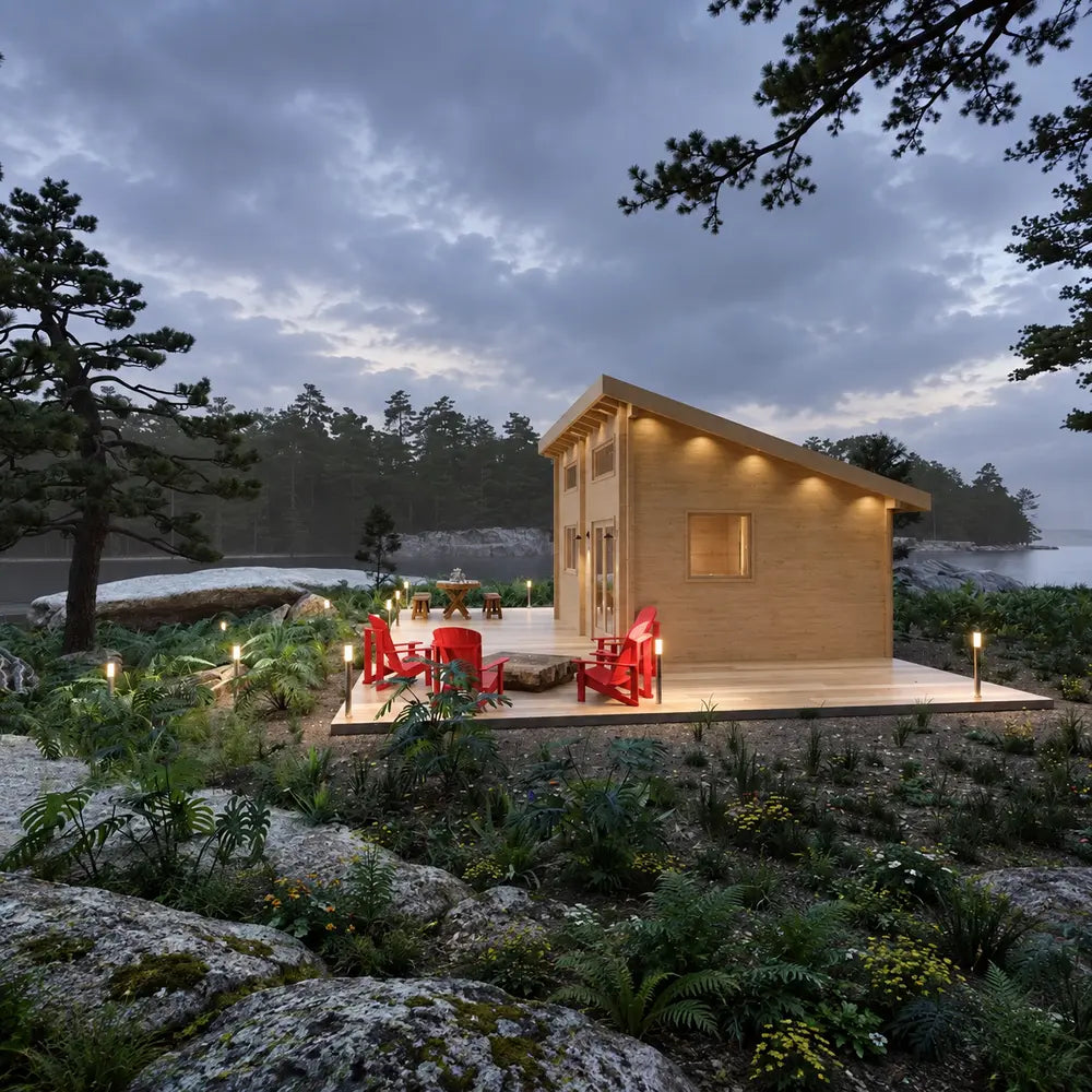 Versa 240 70MM garden room at dusk beside a lake, illuminated by warm exterior and pathway lights with red Adirondack chairs on the wooden deck.
