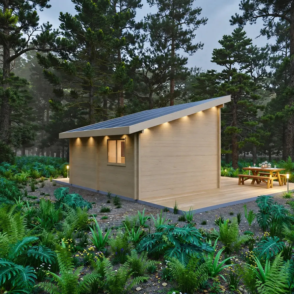 Rear view of the Versa 240 70MM featuring pale wood walls, a long sloping metal roof, one window, exterior downlights, and a deck surrounded by lush forest plants.