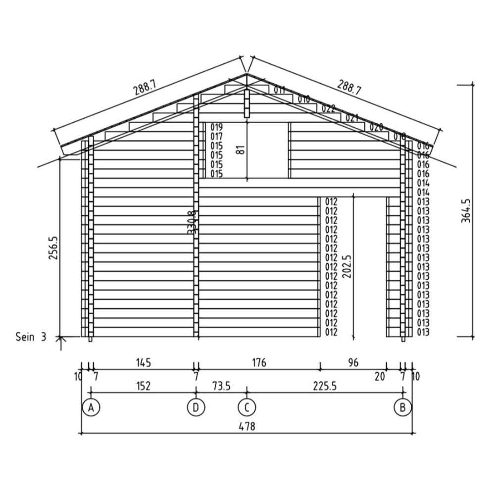 Vertical cross-section of the GardenHouse24 USA Britt 44 Garden Room illustrates the roof framing and wall height for precise construction visualization