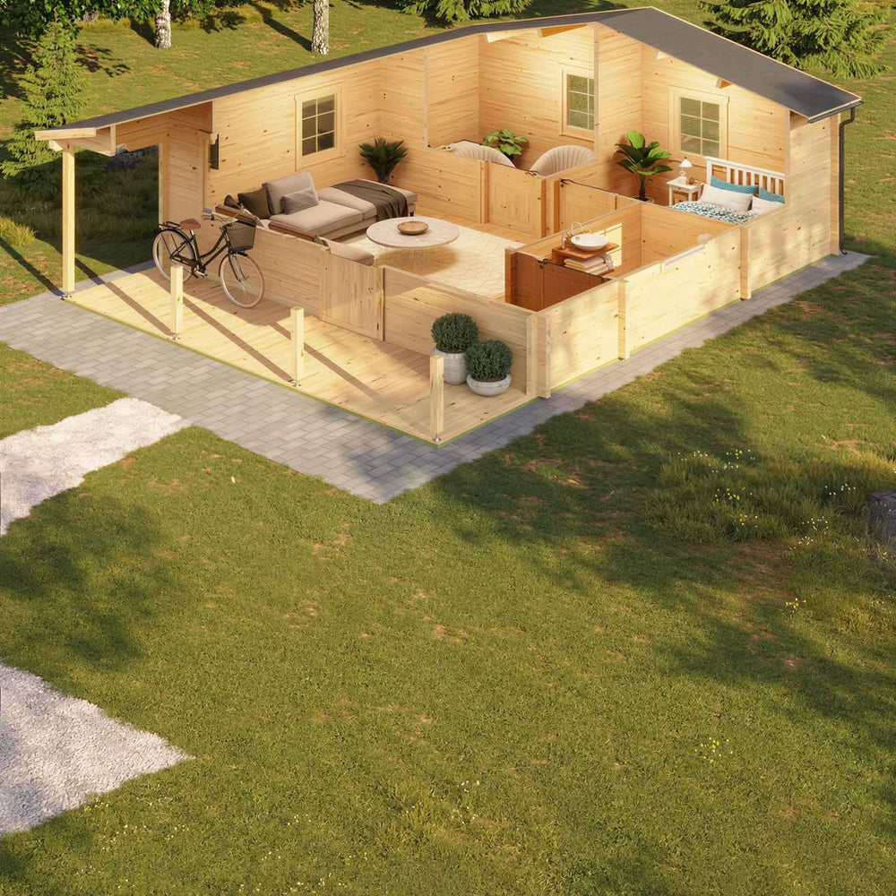 This cutaway view of the GardenHouse24 USA Vienna 70 Garden Room reveals a fully furnished interior with living, bedroom, and bathroom spaces