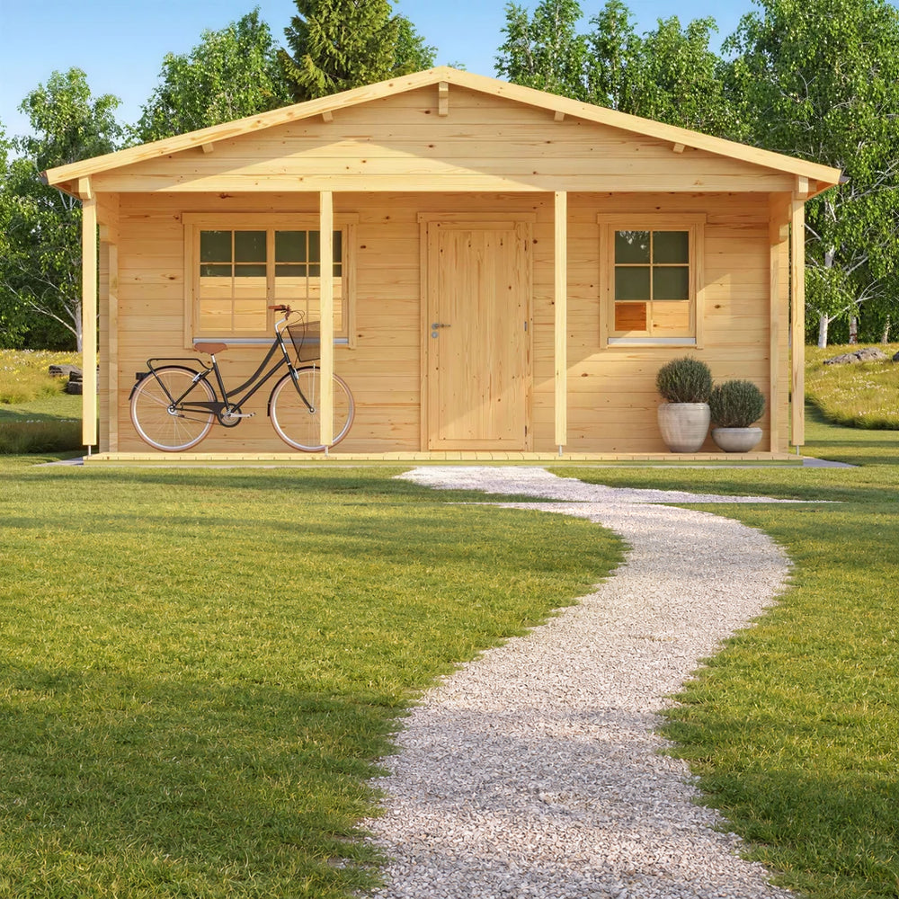 GardenHouse24 USA Vienna 70 Garden Room is shown from the front, featuring a tidy porch, double windows, and rustic charm