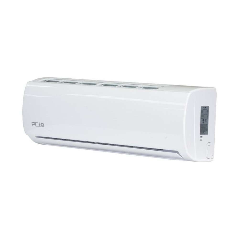 Viewed from a front-side angle, the indoor unit of ACiQ 9000 BTU Essentials 21 SEER2 Single Zone Wall Mount Mini Split Heat Pump System shows its top intake vents and white housing