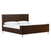 Viewed from an angle, Crate & Barrel Baylor Brown Ribbed Solid Oak Wood King Bed showcases a tall ribbed headboard, matching footboard, and slim metal legs