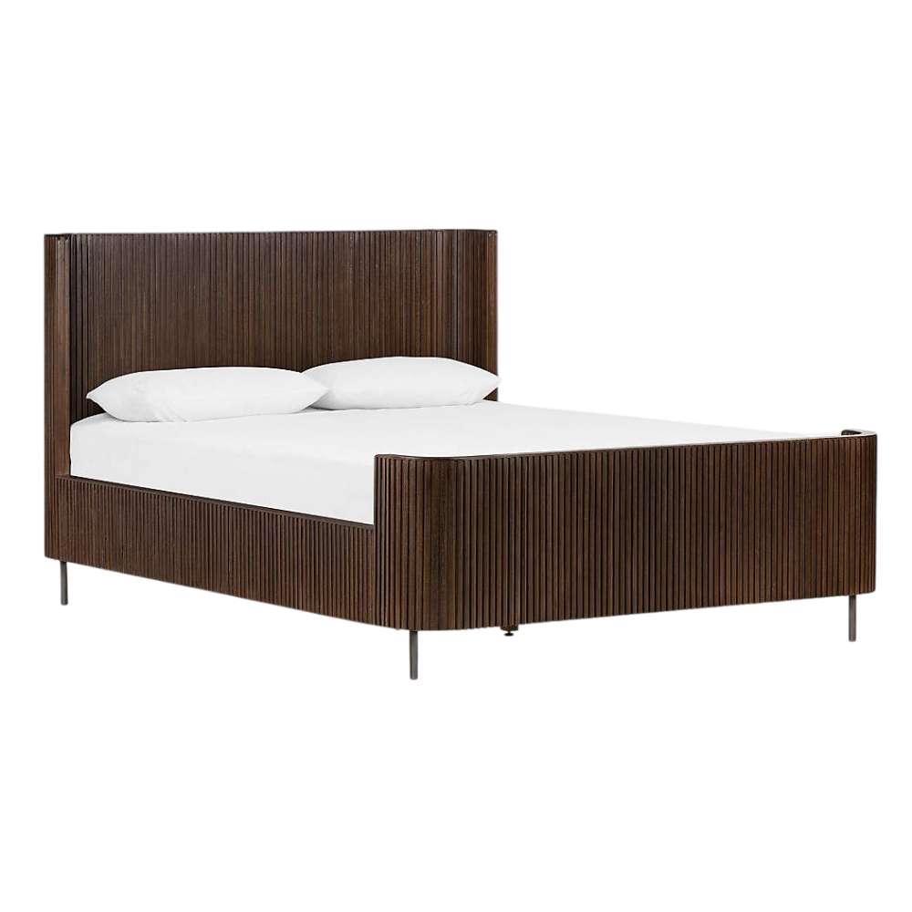 Viewed from an angled perspective, Crate & Barrel Baylor Brown Ribbed Solid Oak Wood Queen Bed highlights its ribbed oak frame and clean modern design