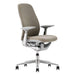 Viewed from the side, Crate & Barrel Haworth Zody Upholstered Stone Office Chair showcases its ergonomic profile, padded seat, and adjustable armrests
