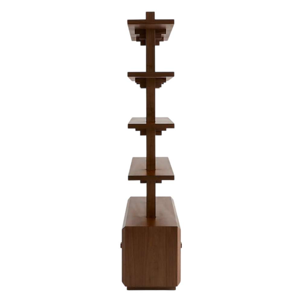 Viewed from the side, Crate & Barrel Steppe 68" Walnut Storage Bookcase Room Divider highlights its slim profile and layered open shelf design