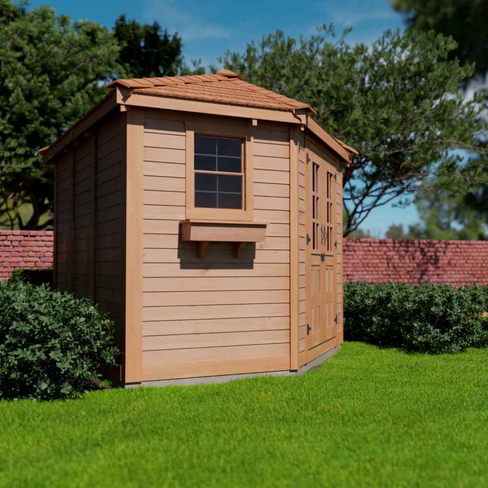 Viewed from the side, the Outdoor Living Today 9×9 Penthouse Garden Shed displays its angular design and classic window box on a lawn