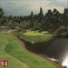 Virtual golf green surrounded by trees and water appears as gameplay from TruGolf LaunchBox Golf Launch Monitor w/ E6 CONNECT Home + Premium
