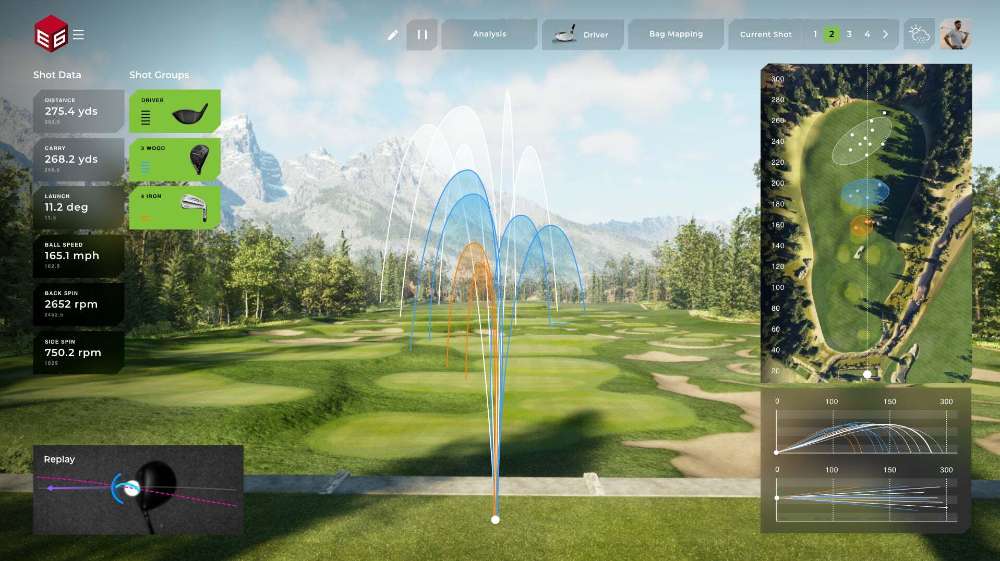 Virtual golf range with colored ball flight paths and shot data illustrating how the TruGolf APOGEE Golf Launch Monitor tracks each swing
