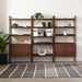Wall arrangement of modular shelving that includes Crate & Barrel Tate 36" Walnut Wood 3-Shelf Storage Bookcase Cabinet