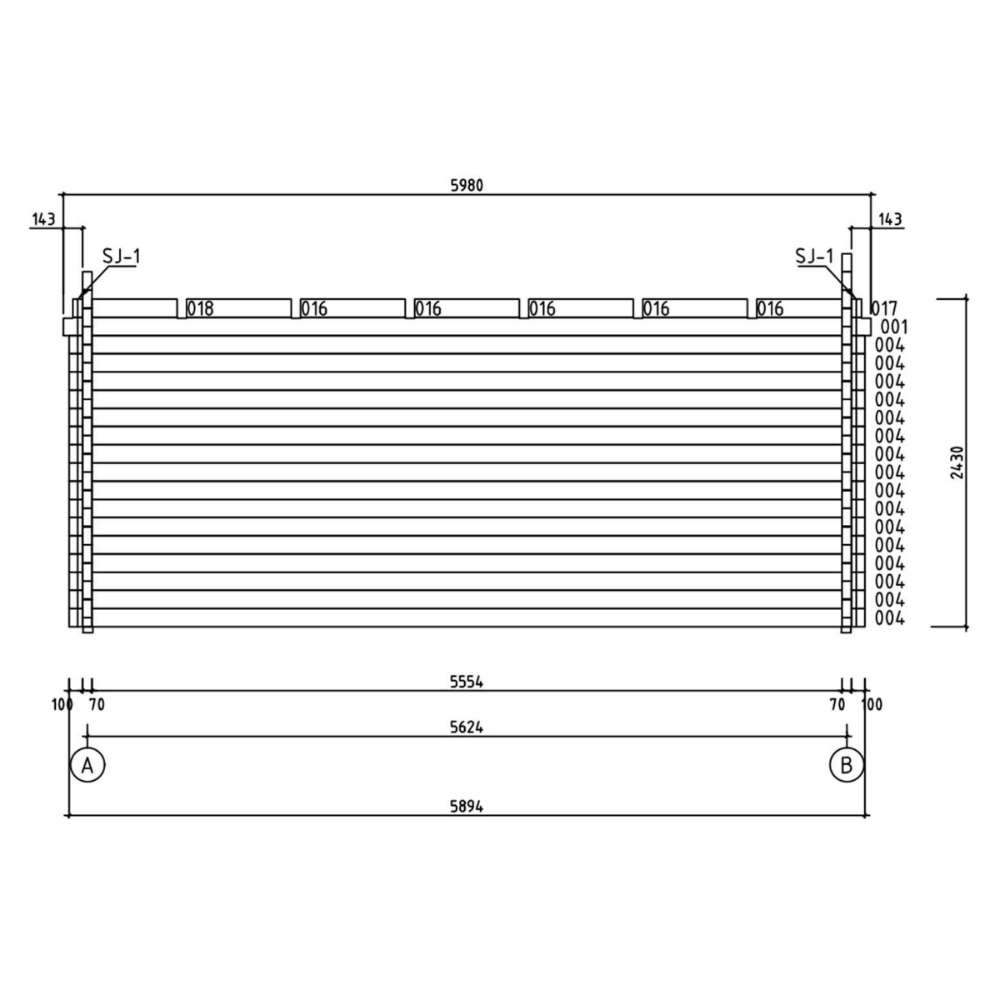 Wall assembly drawing of GardenHouse24 USA Kaarlo 70 Garden Room shows stacked horizontal boards with labeled parts and dimensions