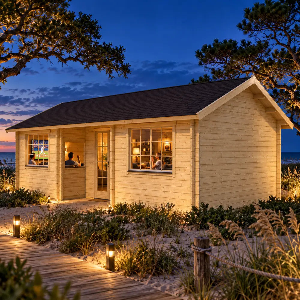 Wallis 44 Freedom Office illuminated at night on North Carolina’s Outer Banks, shown from the front-right angle among coastal dunes, sea oats and maritime trees, with people watching sports inside.
