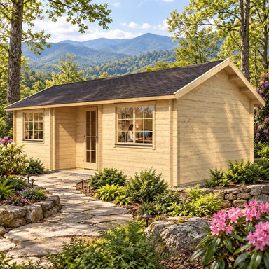 Wallis 44 Freedom Office in a sunny western North Carolina landscape, shown from the front-right angle with Blue Ridge Mountains, rhododendrons, native trees and a professional home office visible through the windows.