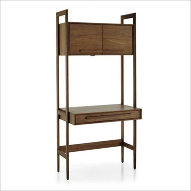 Walnut bookcase desk with upper cabinet and drawer storage, featuring the Crate & Barrel Tate Walnut Bookcase Desk with Outlet