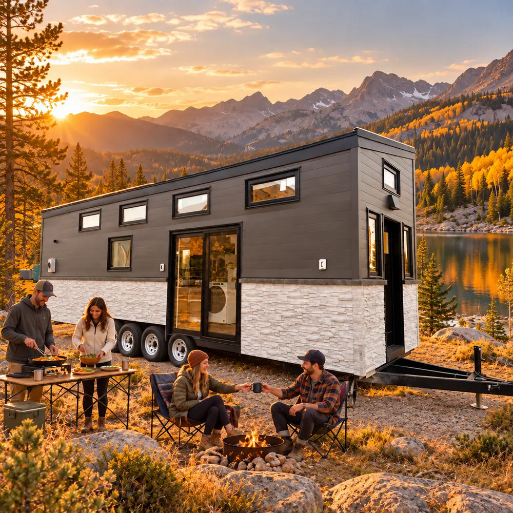 Wanderlove House on Wheels beside a Colorado alpine lake at golden hour, with four adults preparing dinner, sharing drinks, and relaxing around a small campfire.