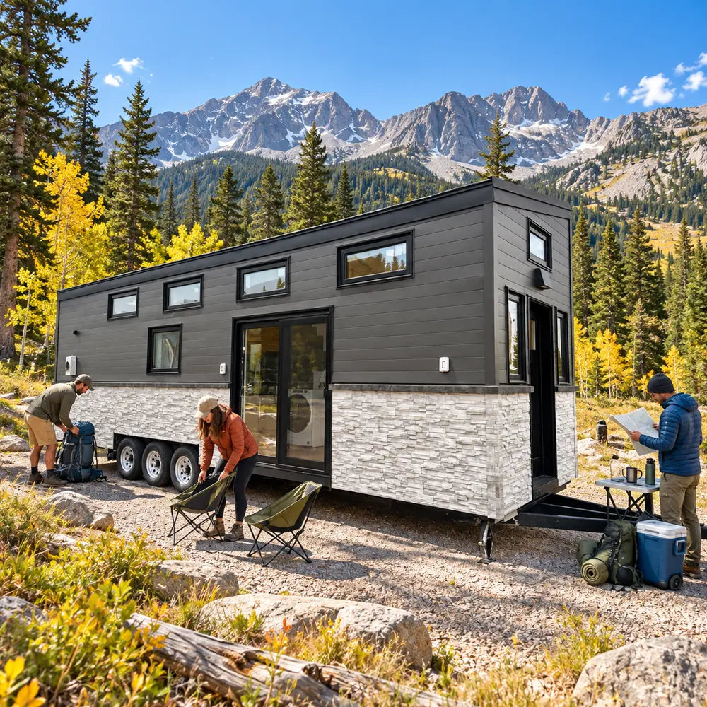 Wanderlove House on Wheels at a sunny Colorado mountain campsite, where three adults unpack hiking equipment, arrange camp chairs, and review a trail map beneath the Rocky Mountains.