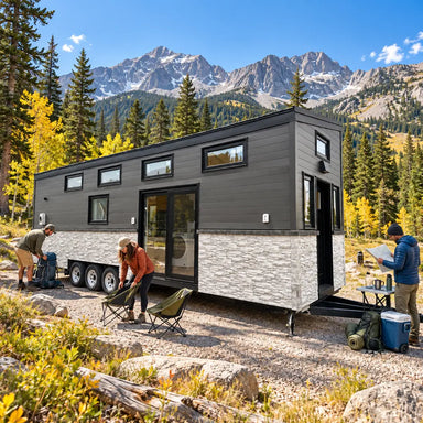Wanderlove House on Wheels at a sunny Colorado mountain campsite, where three adults unpack hiking equipment, arrange camp chairs, and review a trail map beneath the Rocky Mountains.
