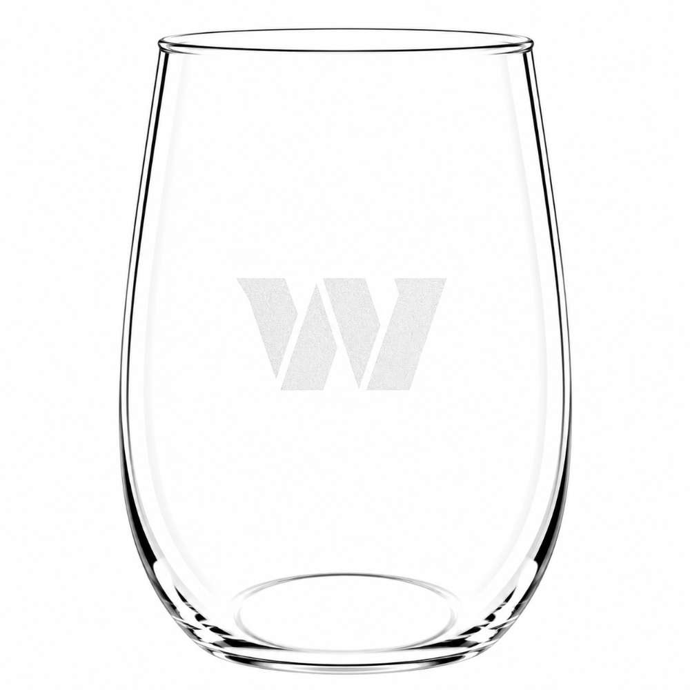 Washington Commanders Crate & Barrel NFL Aspen 17oz Stemless Wine Glass, Set of 4 features a clear stemless glass etched with the Commanders stylized "W" logo