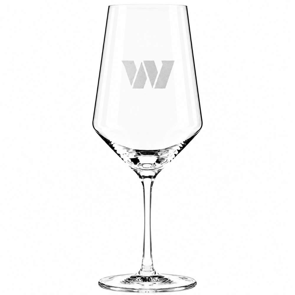 Washington Commanders Crate & Barrel NFL Tour 18oz Red Wine Glass, Set of 4 featuring the Commanders stylized “W” logo etched on a clear stemmed wine glass