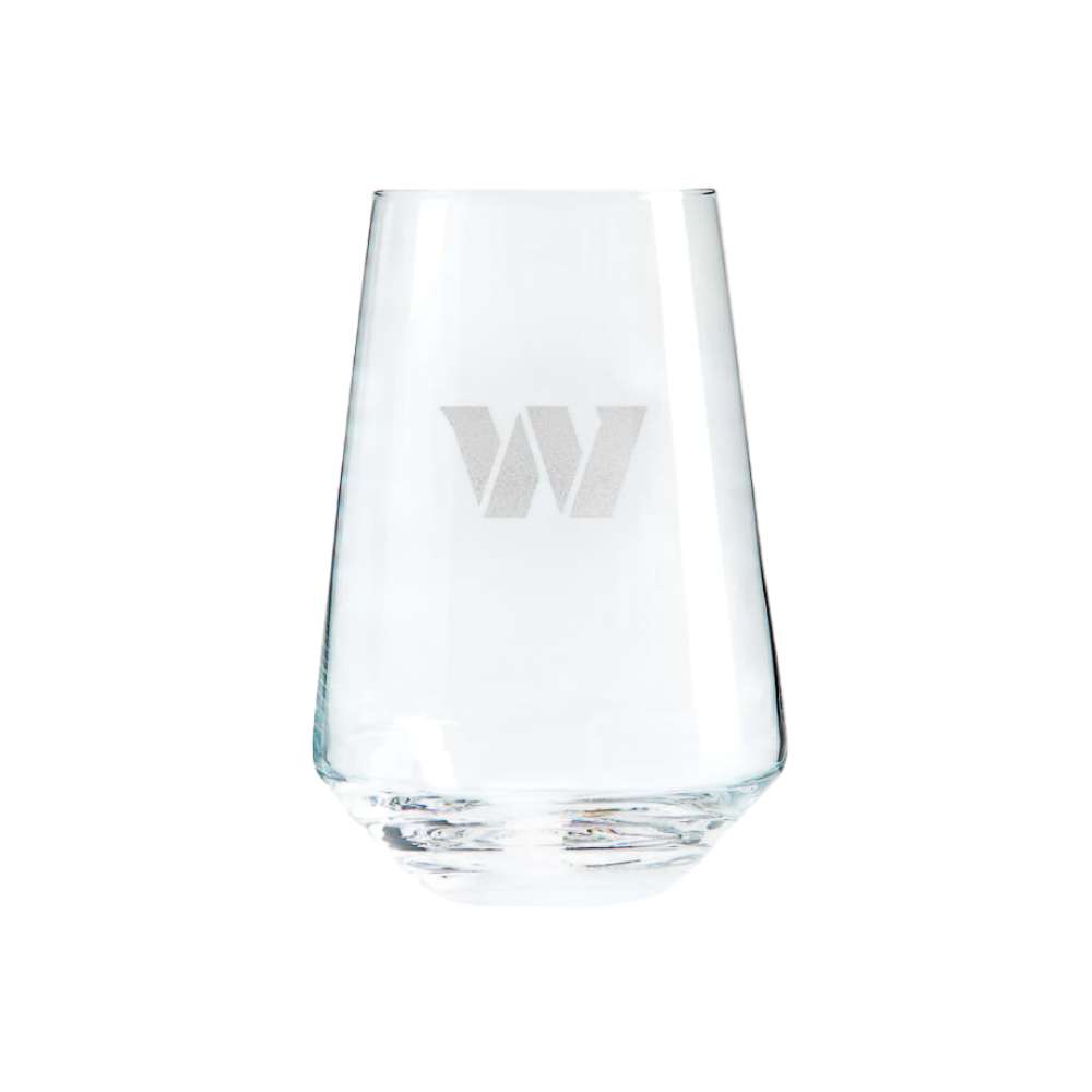 Washington Commanders Crate & Barrel NFL Tour 19oz Stemless Wine Glass, Set of 4 featuring the Commanders stylized “W” logo etched on clear glass