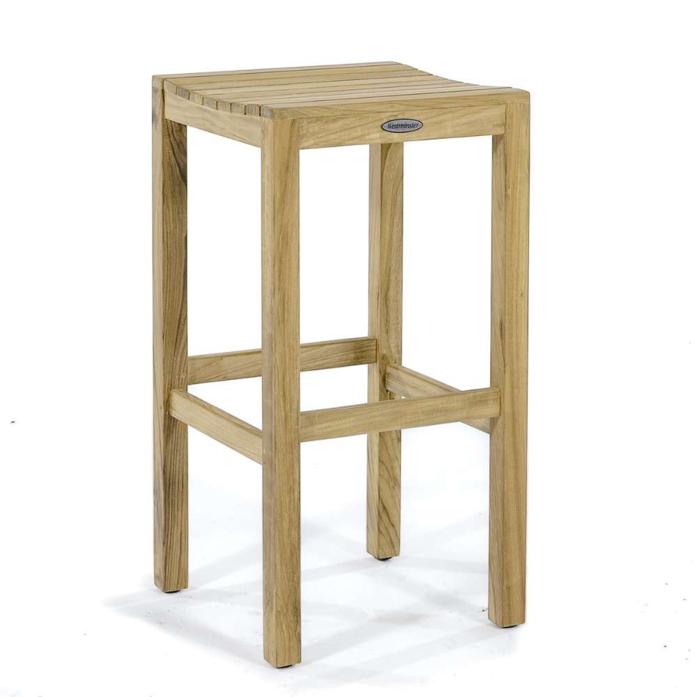 Westminster Teak 5pc Somerset Teak Bar & Stool Set bar stool shown alone, made of teak wood with a square slatted seat and four straight legs