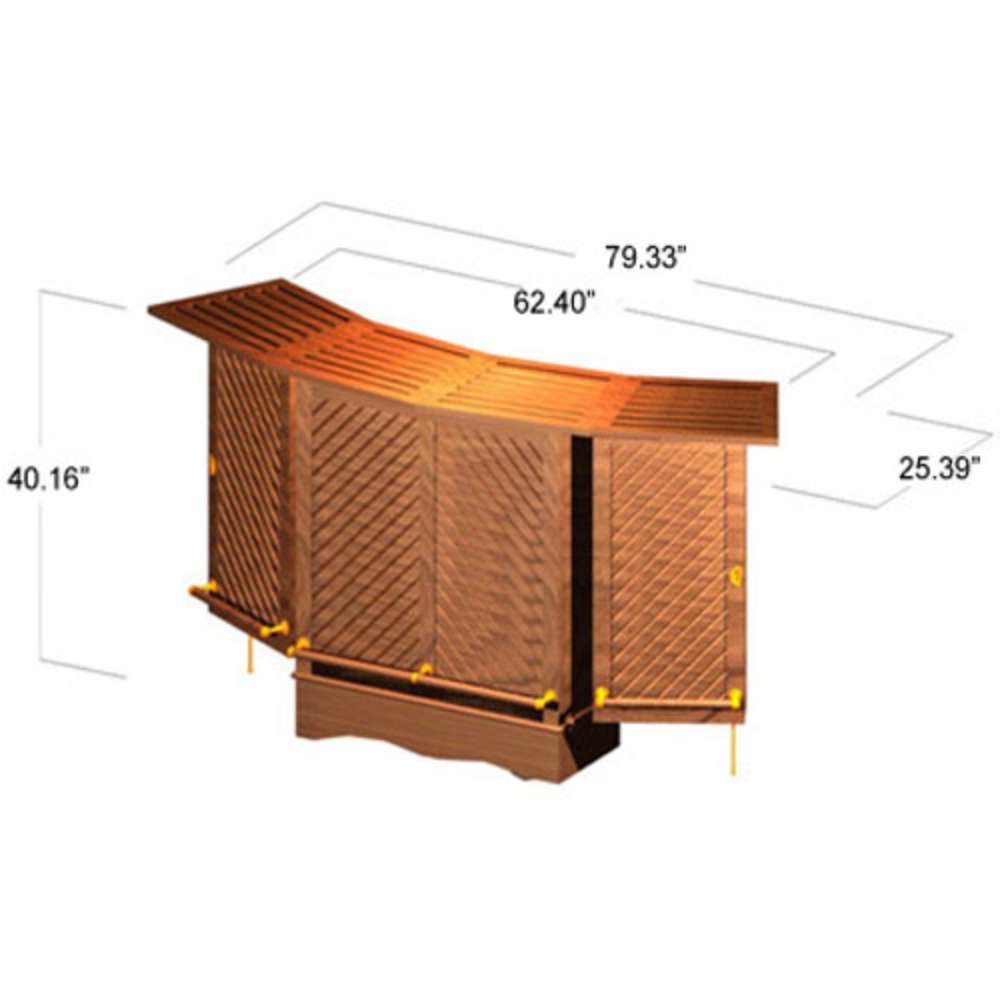 Westminster Teak 5pc Somerset Teak Bar & Stool Set dimension diagram showing the bar opened wide with fold-out side panels and overall measurements