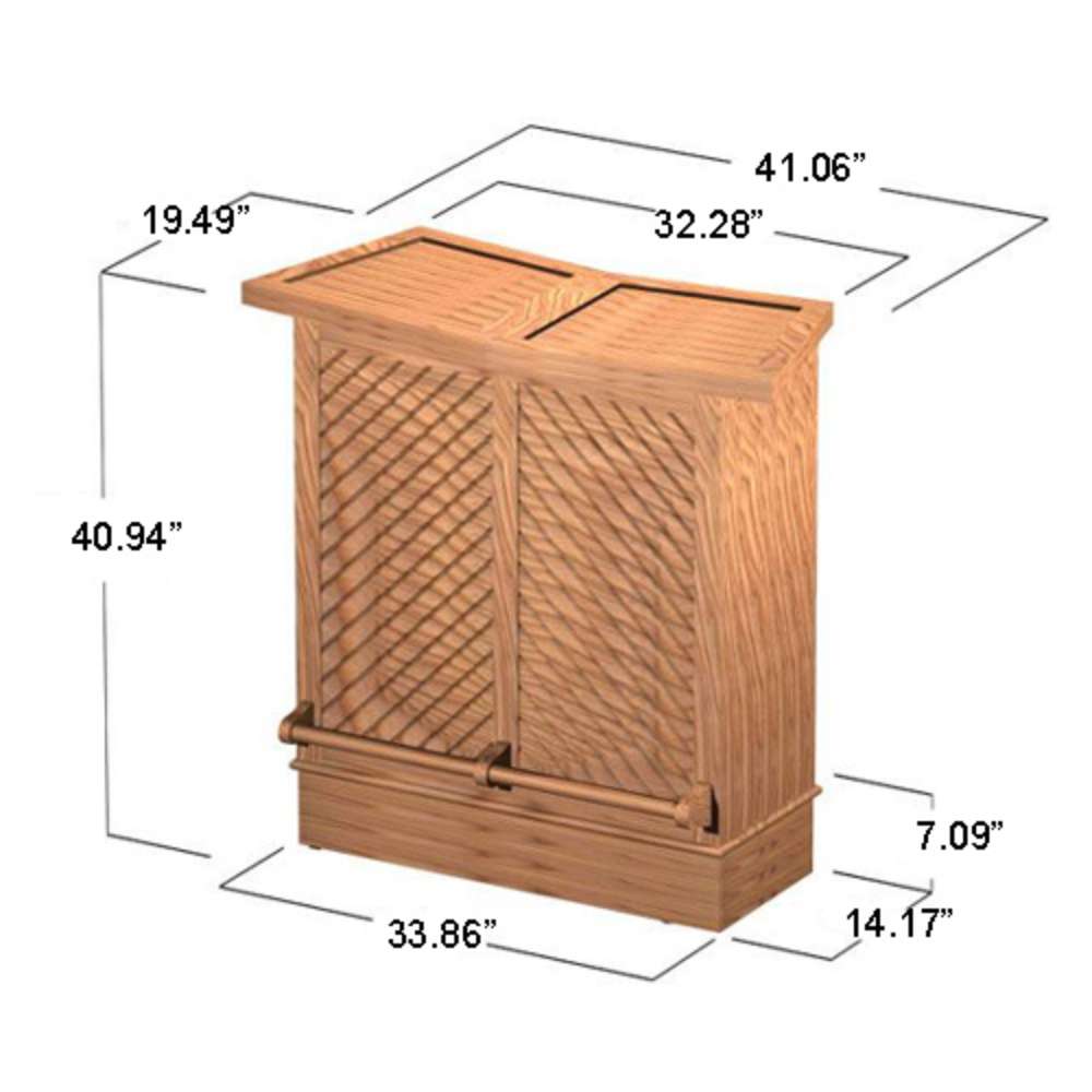 Westminster Teak 5pc Somerset Teak Bar & Stool Set dimension diagram showing the closed bar cabinet with measurements for width, depth, and height