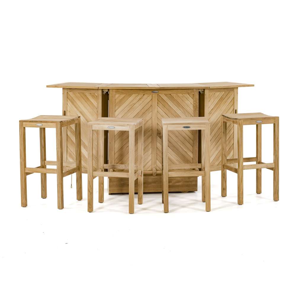 Westminster Teak 5pc Somerset Teak Bar & Stool Set displayed on a white background with the bar and four matching teak stools arranged in front
