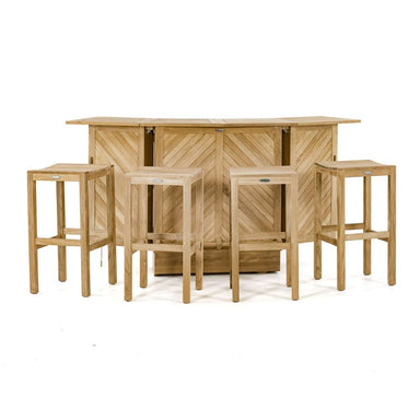 Westminster Teak 5pc Somerset Teak Bar & Stool Set displayed on a white background with the bar and four matching teak stools arranged in front