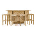 Westminster Teak 5pc Somerset Teak Bar & Stool Set displayed on a white background with the bar and four matching teak stools arranged in front