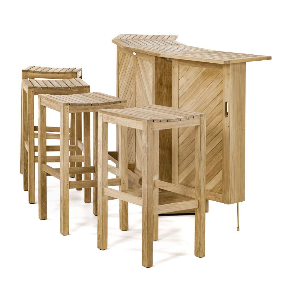 Westminster Teak 5pc Somerset Teak Bar & Stool Set side view showing the bar and four stools with clean lines and a natural teak wood finish