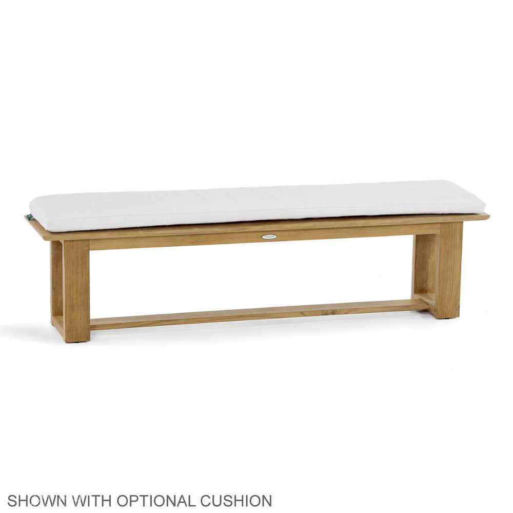 Westminster Teak 6ft Horizon Teak Backless Bench is displayed with a light-colored cushion on top
