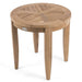 Westminster Teak 6pc Laguna Lounge Seating Set also includes a smaller round teak side table with a slatted top and four legs on a plain background