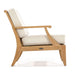 Westminster Teak 6pc Laguna Lounge Seating Set features a side view of a cushioned teak lounge chair with thick off-white padding and angled wooden arms