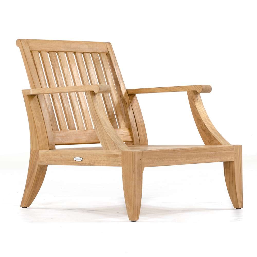 Westminster Teak 6pc Laguna Lounge Seating Set features the lounge chair frame without cushions, showing its slatted back, angled arms, and smooth teak wood finish