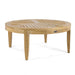 Westminster Teak 6pc Laguna Lounge Seating Set includes a round teak coffee table with a slatted top and four straight legs on a plain background