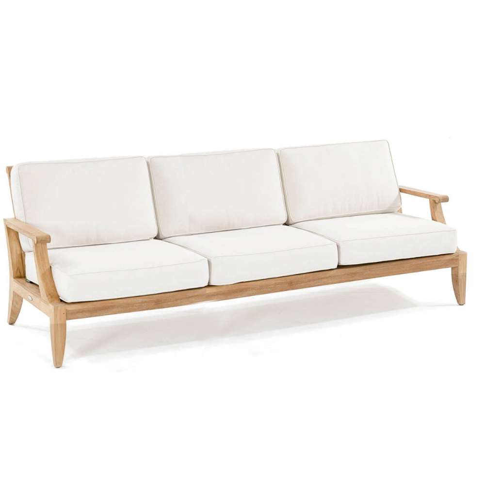 Westminster Teak 6pc Laguna Lounge Seating Set includes a three-seat teak sofa with plush off-white cushions on a clean white background
