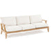 Westminster Teak 6pc Laguna Lounge Seating Set includes a three-seat teak sofa with plush off-white cushions on a clean white background