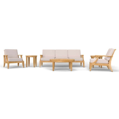 Westminster Teak 6pc Laguna Lounge Seating Set is arranged as a full set with a sofa, two chairs, a coffee table, and a side table evenly spaced on a plain background