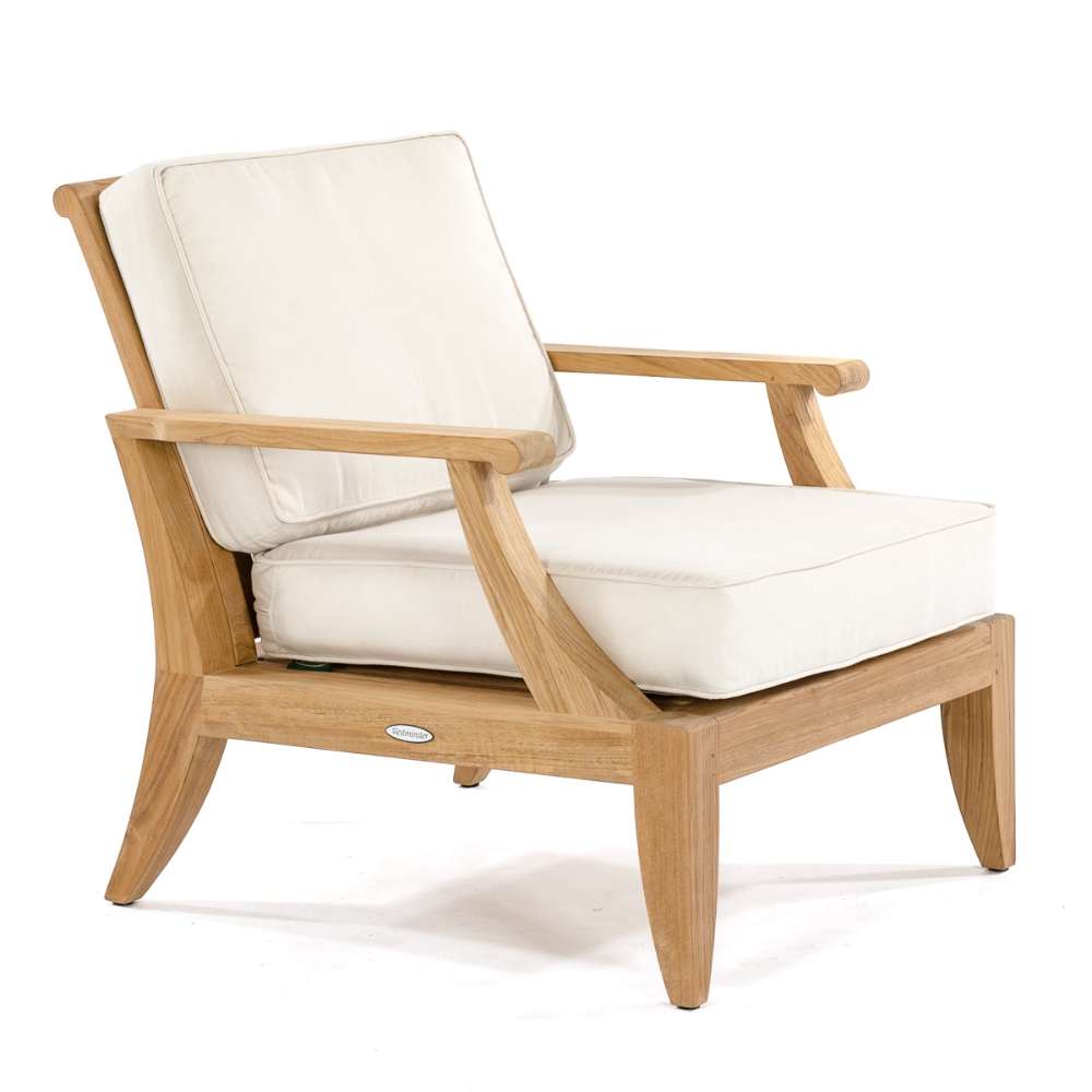 Westminster Teak 6pc Laguna Lounge Seating Set shows a single teak lounge chair with thick off-white seat and back cushions on a plain light background