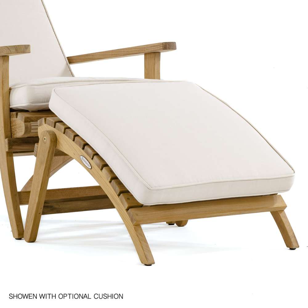 Westminster Teak Adirondack Footrest paired with an Adirondack chair and optional cushion for extra comfort while lounging