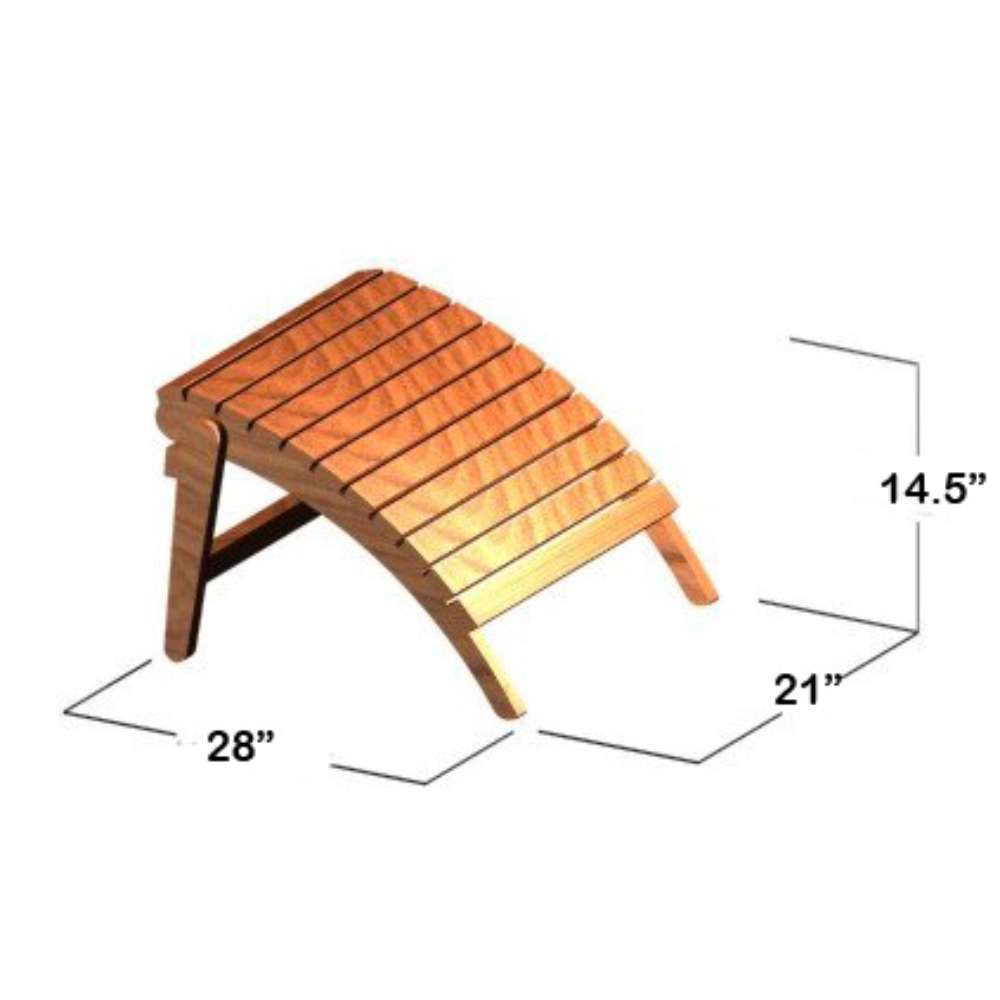 Westminster Teak Adirondack Footrest shown with dimensions highlighting its curved teak slatted design and compact size for Adirondack chairs
