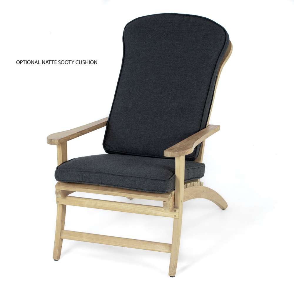 Westminster Teak Adirondack Lounger with dark gray cushions shown on a white background, highlighting its tall backrest and wide teak armrests